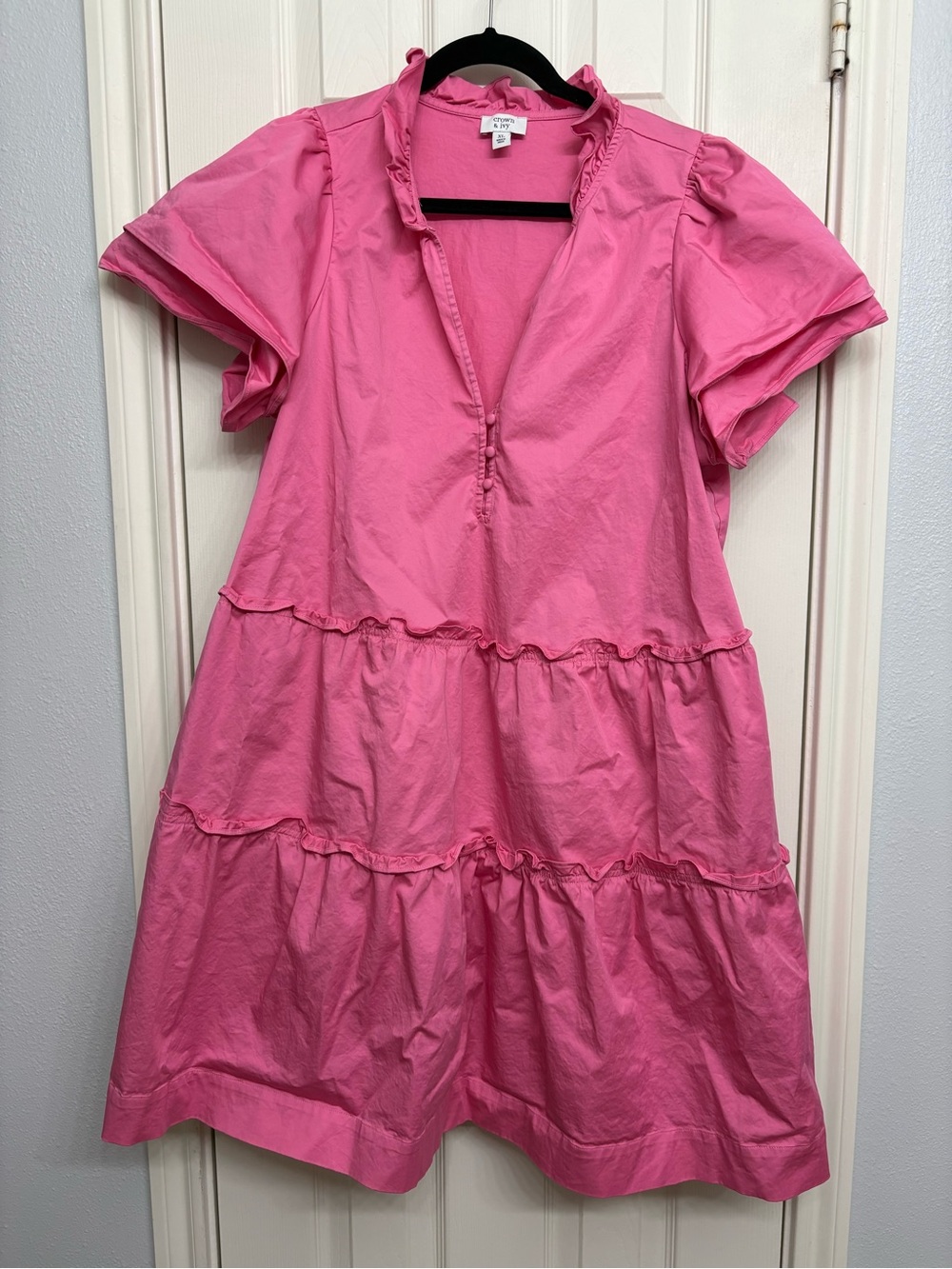 Crown & Ivy Ruffled Tiered V-Neck Pink Cotton Dress